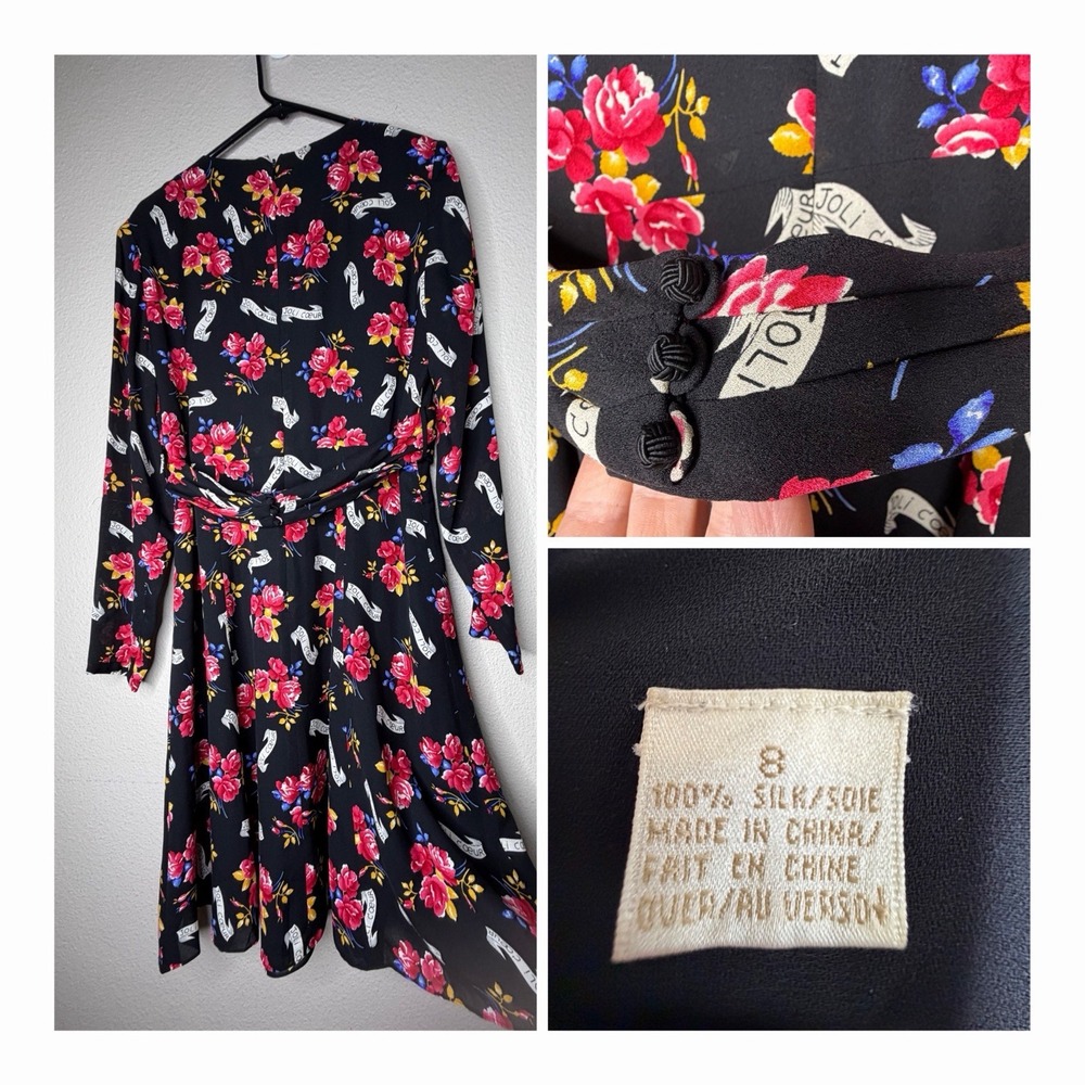 Vintage Dana Buchman Size 8 100% Silk Joli Coeur Floral Faux Wrap Dress Y2K